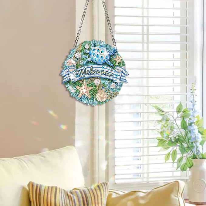 Welcome Sign Diamond Art Kits for Adults 5D Diamond Hanging Ornament Kits for Front Door DIY Special Shaped Crystal Art Suncatcher Porch Crystal Hanging Pendant Ornament (Welcome02)