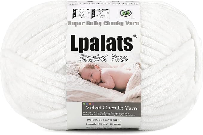 Baby Blanket Yarn for Crocheting - 1 Pack of 300g/10.6oz Super Fluffy Chunky Chenille Yarn for Hand Knitting, 115 yds Super Bulky Plush Yarn for Cozy Blankets and Amigurumi (1, White)