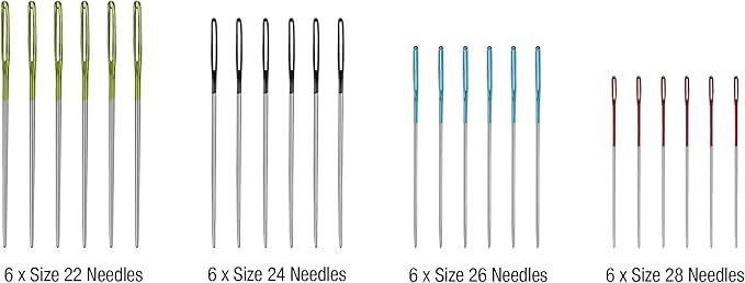 SINGER Tapestry Needles in Dial Compact, Assorted Sized Sewing Needles, Sizes 22, 24, 26, 28, Set of 24