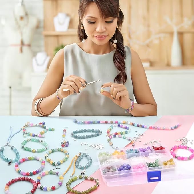 585pcs Glass Beads for Jewelry Making Kit, 8mm Imitating Natural Jade Round Beads with Spacer Beads & Accessories for DIY Bracelets Necklaces Earrings Craft Supplies