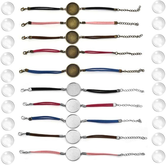 DROLE 40Pcs 25mm Adjustable Leather Cabochon Bracelet Blanks Set-20Pcs Bracelet Bezel for Jewelry Making and 20Pcs 25mm Transparent Glass Dome Cabochon for Bracelet Making Multi-25mm C