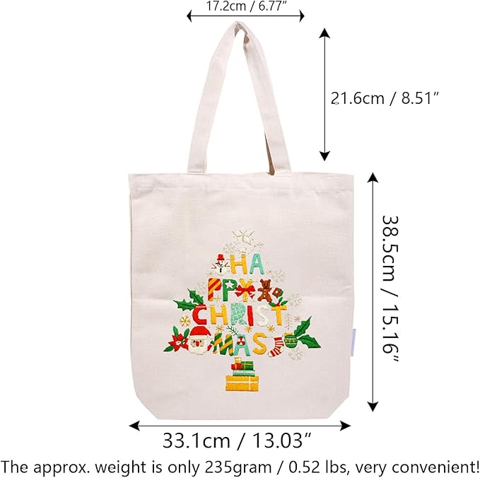 Canvas Tote Bag Embroidery Kit with Pattern for Beginners, Arts and DIY Embroidery Crafts Kits for Adults, Instructions, Thimble, Embroidery Hoops, Color Threads (Beige, CR002 Christmas Tree)