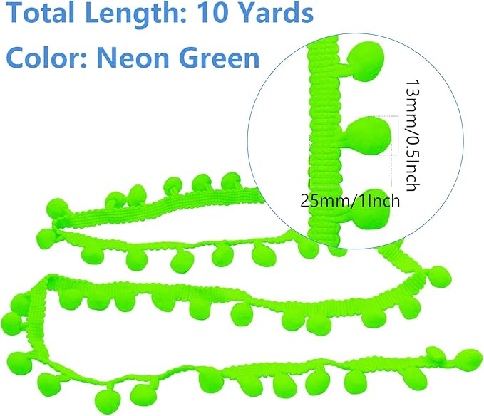 Homiest 10 Yards Pom Pom Trim for Sewing, 1 Inch Wide Neon Green Ribbon Bundles Textured Fabric Fringe Ribbon, 13mm Ball Pompom Trim for DIY Crafts Curtain Clothes Pillow Home Decoration