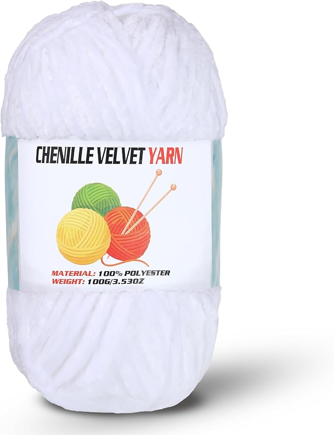 Velvet Chenille Chunky Yarn, Handcrafts Weaving Soft Chenille Yarn for Crocheting Clearance, Used for Making Baby Yarn Blanket, Clothes, Knitting Creations (1 - White)