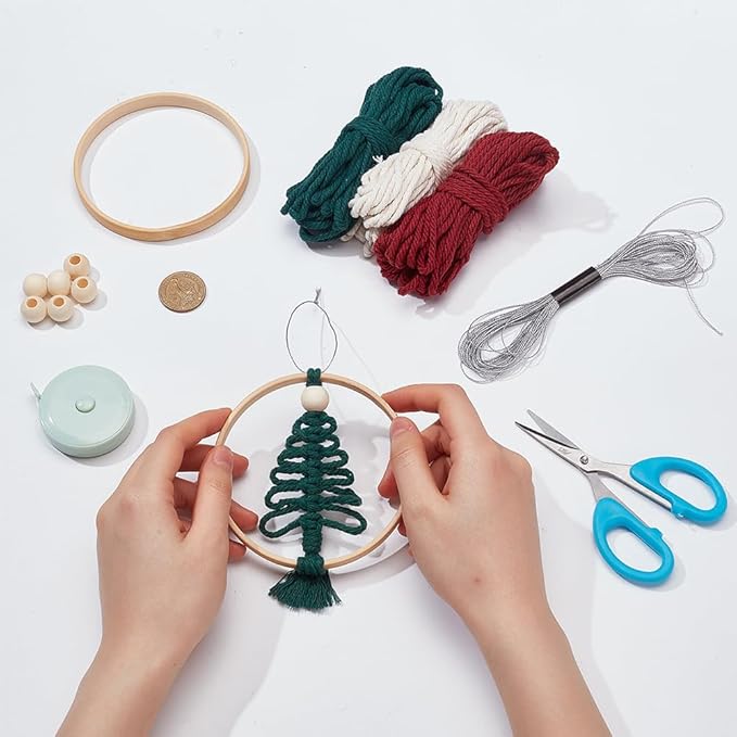 ACRNIGHEET 6 PCS Macrame Kit for Adults Beginners Boho Wall Hanging Decor for Christmas Tree with Instruction Handmade Xmas Tree Home Decoration Kit for Holiday Wall Hanging