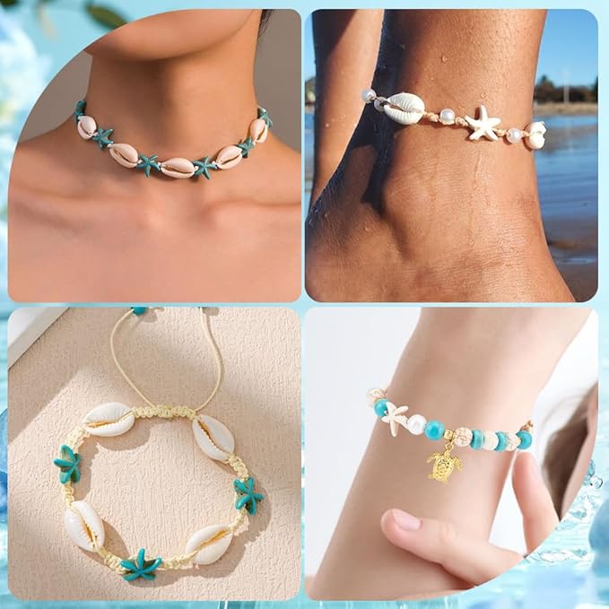 SUNNYCLUE 1 Box 292Pcs Sea Turtle Beads Seashell Starfish Beads Lucky Turquoise Spacers Ocean Summer Hawaii Sea Animal Shell Charms for Jewelry Making Beading Kits Women Adult Gift Supplies