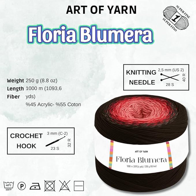 Floria Blumera Yarn 55% Cotton 45% Acrylic 1093.6 Yards Multicolor Gradient Yarn Cake for Knitting Crochet Spring Summer Ombre Rainbow Cotton Yarn for Flowers S.Fine 1 Sport-99282