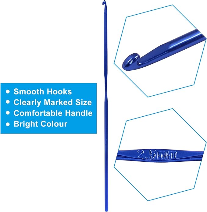 Auvotuis 6Pcs 2.5mm US Size C (Size 2) Aluminum Crochet Hook Knitting Needles for DIY Craft Yarn, Blue