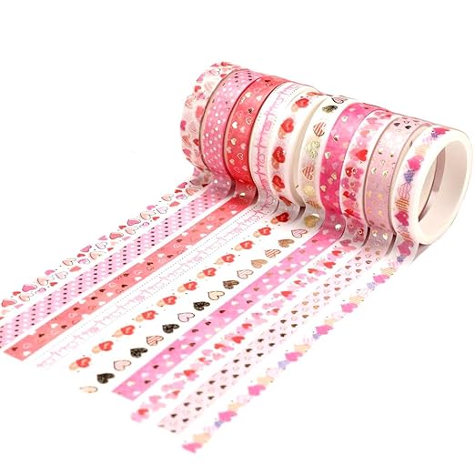 YUBBAEX 10 Rolls Sparkling Washi Tape Set 8mm Skinny Gold Foil Decorative Masking Washi Tapes for Journal,Scrapbook, Planner, DIY Crafts (Sweety Hearts)