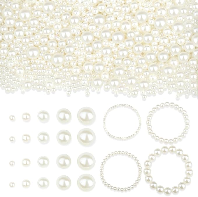 1500Pcs Pearl Beads 5 Size White Pearl Bead for Jewelry Making Crafting Charm Cute Acrylic Small Loose Round Fake Pearls with Hole Beads for Bracelet, Vase Filler, DIY Crafts, Earring