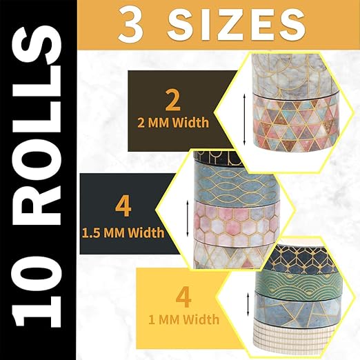 CCINEE 10 Rolls Washi Tape Set,Geometric Gold Foil Decorative Masking Tape for Bullet Journal Planner Scrapbooking Craft