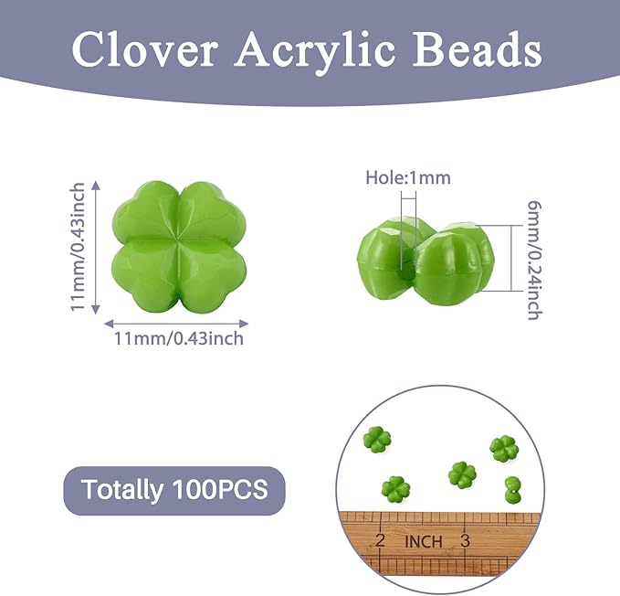 FASHEWELRY 100pcs Acrylic Clover Beads Acrylic St. Patrick's Day Beads Four Leaf Clover Beads Green Shamrock Loose Beads for Bracelets Necklaces Key Chains Jewelry Making