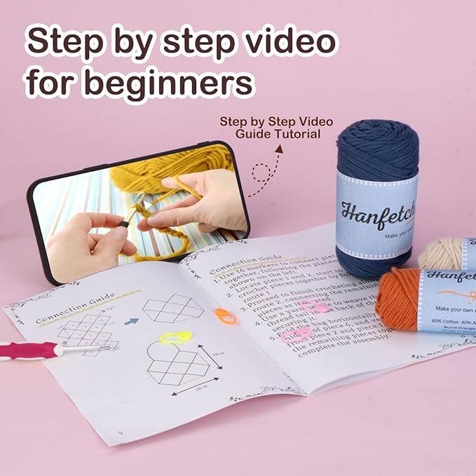 Hanfetch Crochet Kit for Advanced or Intermediate Beginner, Step by Step Video Tutorial and Detailed Guide Instruction DIY Craft Supplies for Adult and Kid with Complete Kit for Granny Square Tote Bag