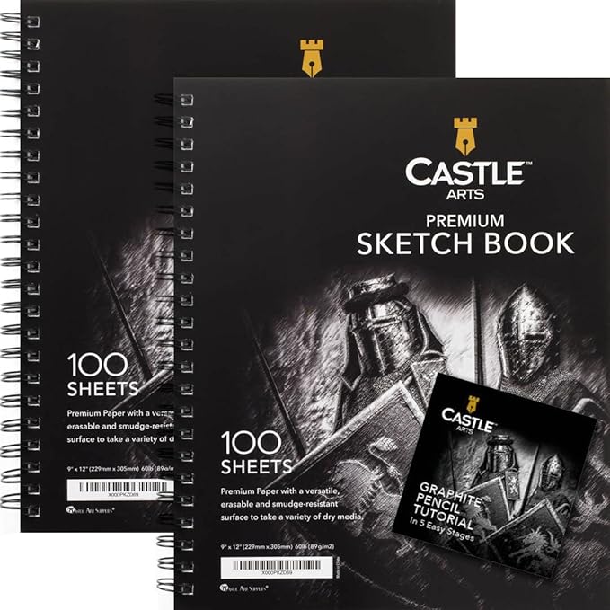 Castle Art Supplies Premium Sketch Books 9in x 12in | Double Sketch Pad Pack | 200 Sheets of Quality 90gsm Paper | for Adult Artists and Learners | Spiral Bound for Versatility