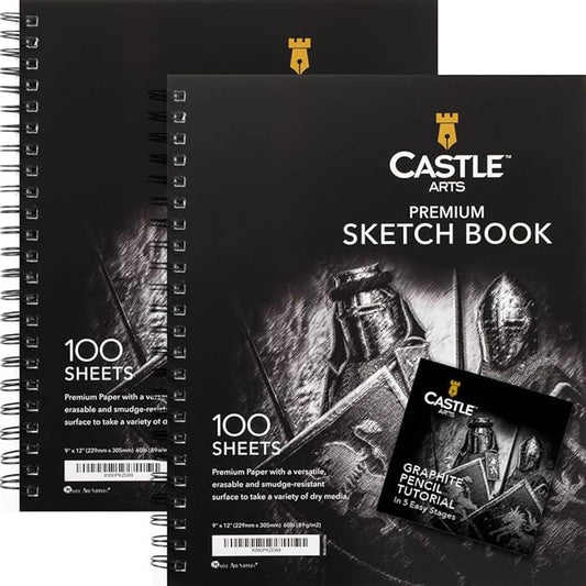 Castle Art Supplies Premium Sketch Books 9in x 12in | Double Sketch Pad Pack | 200 Sheets of Quality 90gsm Paper | for Adult Artists and Learners | Spiral Bound for Versatility