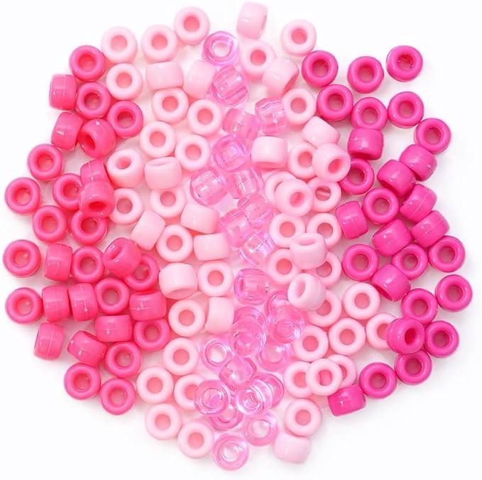 1200Pcs 6x9mm Pony Bead for Bracelet Making Kit, 5 Style Pink Colors Kandi Beads Bulk for Friendship Bracelet Kit, Hair Beads for Braids with Stretch Cord and Scissors