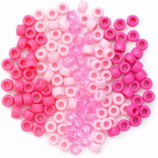 1200Pcs 6x9mm Pony Bead for Bracelet Making Kit, 5 Style Pink Colors Kandi Beads Bulk for Friendship Bracelet Kit, Hair Beads for Braids with Stretch Cord and Scissors