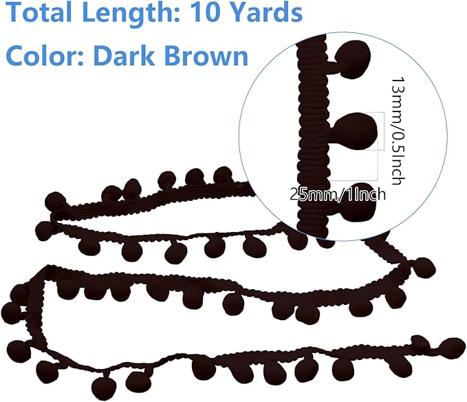 Homiest 10 Yards Pom Pom Trim for Sewing, 1 Inch Wide Dark Brown Ribbon Bundles Textured Fabric Fringe Ribbon, 13mm Ball Pompom Trim for DIY Crafts Curtain Clothes Pillow Home Decoration