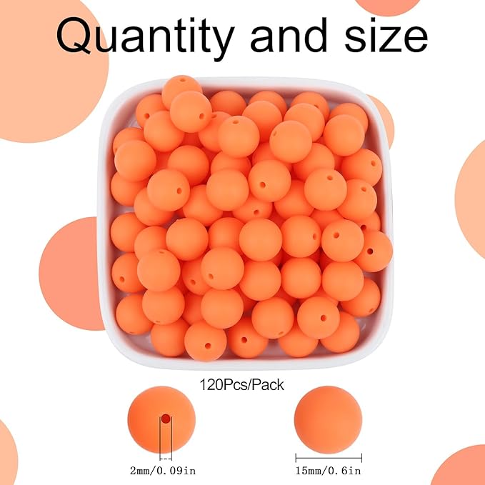 MAIBAOTA 120 Pcs Orange Silicone Beads 15 mm for Keychain/Pens/Bracelet/Necklace Making - Focal Loose Rubber Round Bulk Craft Supplies (With Boxed Kits)