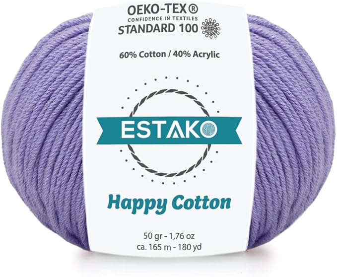 Estako Happy Cotton, 60% Cotton 40% Acrylic Yarn, Soft, Fine/Sport (2) for Crochet and Knitting 1.76 Oz (50g) / 180 Yrds (165m) (4630 - Lila)