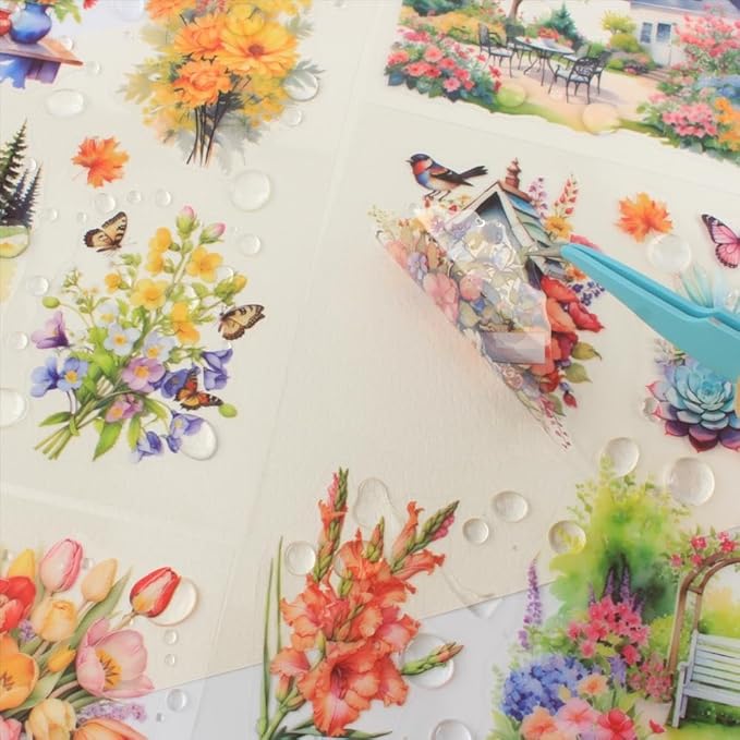 30 Sheets Precut Colorful Garden Landscape Stickers Book for Junk Journal Supplies, Transparent PET Stickers for Journaling, Scrapbooking, Bujo, Collage, Card Making