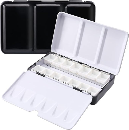 LOONENG Metal Watercolor Tin with Fold-Out Palette, Small Tray Palette with 14 Empty Half Pans for Plein Air, Acrylic and Oil Painting