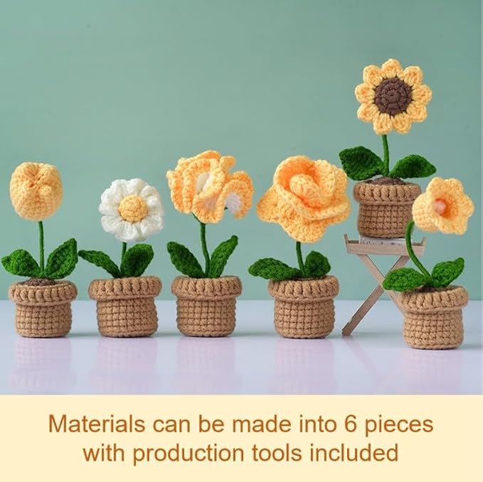 Sunny Yellow Mini Crochet Plant Kit | Make a Cheerful Desk Bouquet | Beginner-Friendly DIY Craft with Video Tutorial | Bright Home Decor Gift