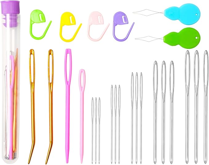 Hekisn 25Pcs Large Eye Blunt Yarn Needles Kit, Assorted Sizes Bent Tapestry Darning Needle & Stitch Markers &Threaers for Knitting, Crochet (Purple)