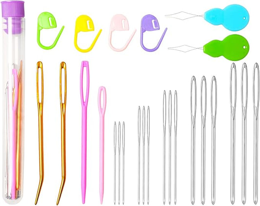Hekisn 25Pcs Large Eye Blunt Yarn Needles Kit, Assorted Sizes Bent Tapestry Darning Needle & Stitch Markers &Threaers for Knitting, Crochet (Purple)