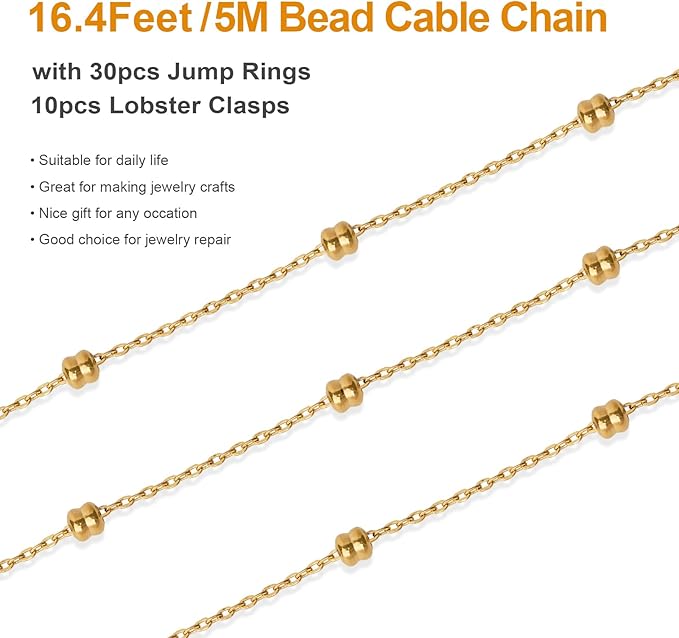 Kyutong 5 Meters Gold Plated Chain for Jewelry Making Thin Cable Links Beaded Jewelry Chains with Connector for Necklace Bracelet Crafts DIY