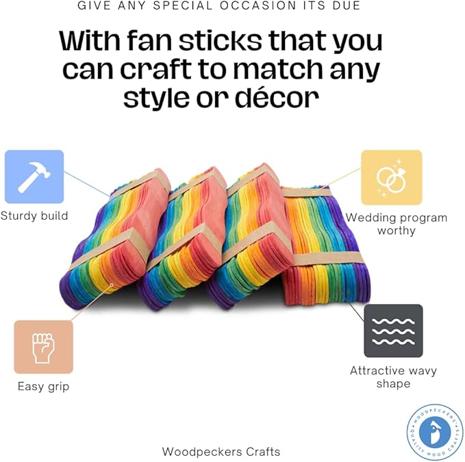 Wooden Fan Handles 8 inch, Variety Pack of 200 Colored Popsicle Sticks for Crafts, Fan Handheld Wedding Program Sticks, by Woodpeckers