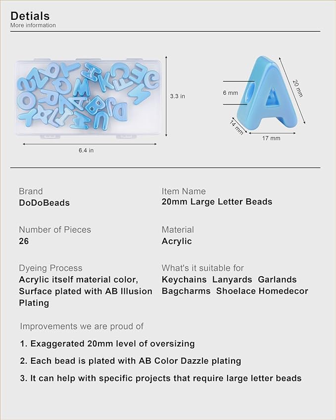26 Pcs 20mm Large Square Letter Beads, Cute Blue Big Alphabet Beads for Keychains, Jumbo Letter Charms for Bag Charm, Lanyards, Holiday Garlands, Big Bead for Home Decor Craft