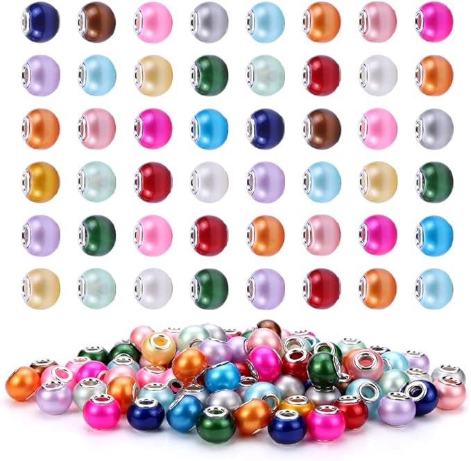 AIPRIDY 100Pcs 15x11mm Painting Murano Large Hole Glass Beads Mix Color with Silver Brass Cores European Charm fit Bracelet Necklace (Pearl)