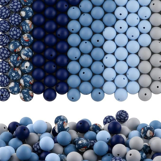 150Pcs Mixed Color 15mm Silicone Beads for Keychain Making, Gray Blue Star Print Silicone Beads for Pens and Bracelet Jewelry Making