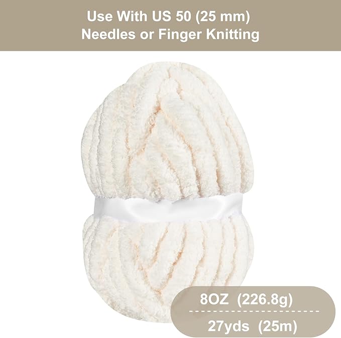 Chunky Chenille Yarn for Hand Knitting,Fluffy Soft Jumbo Yarn by Circular Needle & Crochet Hook,Super Bulky Big Yarn for Chunky Blanket,Large Thick Arm Knitting,8 Pack,Vintage White