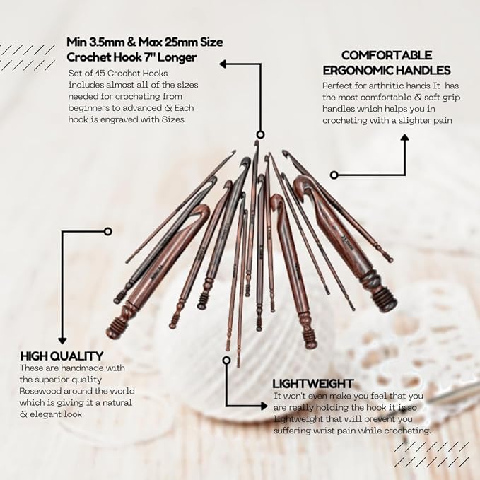 Wooden Crochet Hooks Set of 15-3.5mm to 25mm - Rosewood Crochet Hooks for Arthritic Hands - Ergonomic Soft Grip Handle - for Crocheting & Knitting - Christmas Gifts for Her(Hooks + Bowl)