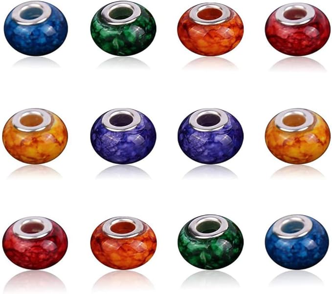 AIPRIDY 100Pcs 15x11mm Painting Murano Large Hole Glass Beads Mix Color with Silver Brass Cores European Charm fit Bracelet Necklace (Explosive Monochrome Effect Glass)