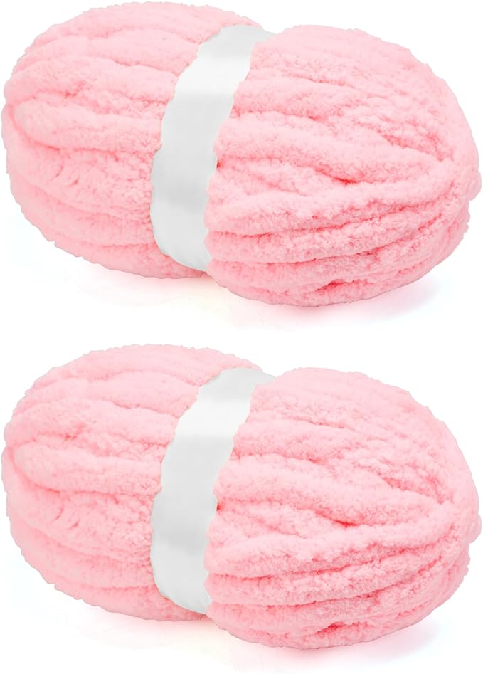 Chunky Chenille Yarn for Crocheting/Arm Knitting, Super Soft Jumbo Knit Blanket Yarn Pink 2 Pack (32 yds, 8.5 oz Each Pack)