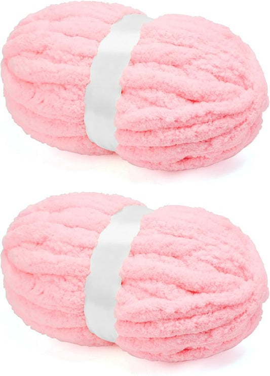 Chunky Chenille Yarn for Crocheting/Arm Knitting, Super Soft Jumbo Knit Blanket Yarn Pink 2 Pack (32 yds, 8.5 oz Each Pack)