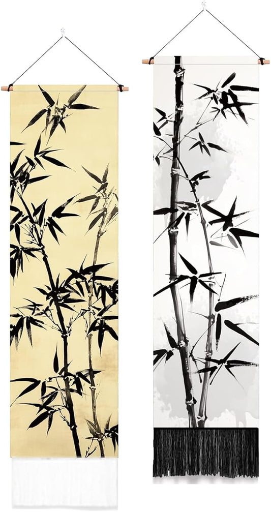 PLIGREAT 2 Pack Bamboo Leaf Tapestry with Tassels, Ancient Bamboo Wall Hanging Home Decor Chinese Art Vertical Wall Tapestry for Bedroom Living Room Long Narrow Home Hanging Decor, 46" x 13"