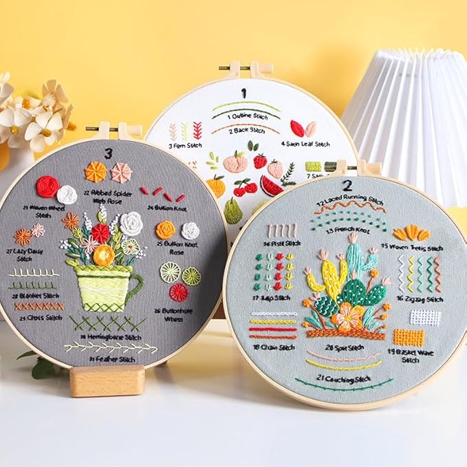 konrisa embroidery kits for adult beginners, stamped embroidery starter kit with flower pattern, diy sewing needlepoint kits, cross stitch practice kit,3 pcs embroidery pattern, include 1pcs hoop