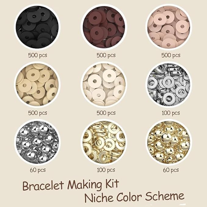 Believo Polymer Clay Beads Kit for Jewelry Crafting with Elastic Cord – Flat Heishi Beads & Spacer Pieces for Bracelets & Necklaces (Black & Coffee)