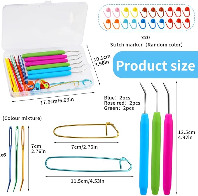 FTEVEN 45 Pieces Knitting Loom Hooks Set, Colorful Large Eye Bent Tapestry Needles, Plastic Large Eye Needles, Knitting Loom Needles with Knitting Needle Markings for DIY Handicrafts