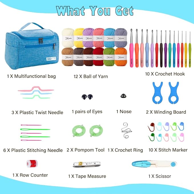 yarniss crochet kits for beginners - 840 yards yarn for crocheting with 14 size hooks 2.0-10.0mm,learn to crochet set with bag&accessories,turquosie