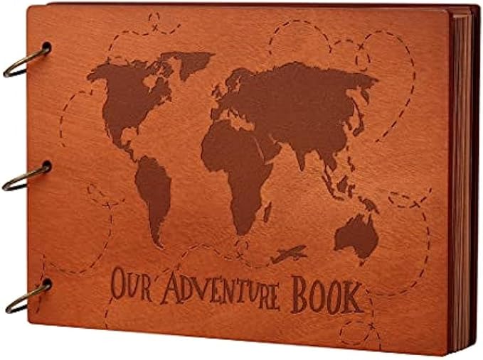 Our Adventure Book 3D Wooden Cover Scrapbook - 11.92 x 7.62" Timeless Memory Journal for Unforgettable Adventures & Precious Moments - Ideal for Anniversaries, Travel & Couple Gifts (3D Map Style)