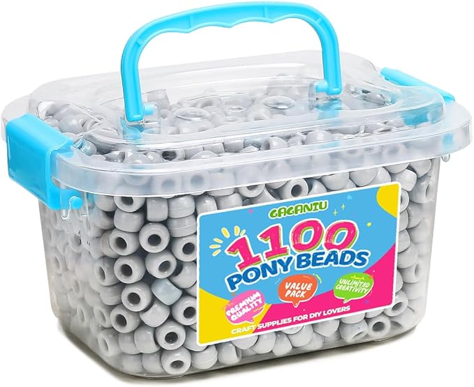 gaganiu pony beads 1100+ pcs – gray plastic kandi beads in jar for bracelets, hair braids, jewelry making & diy crafts