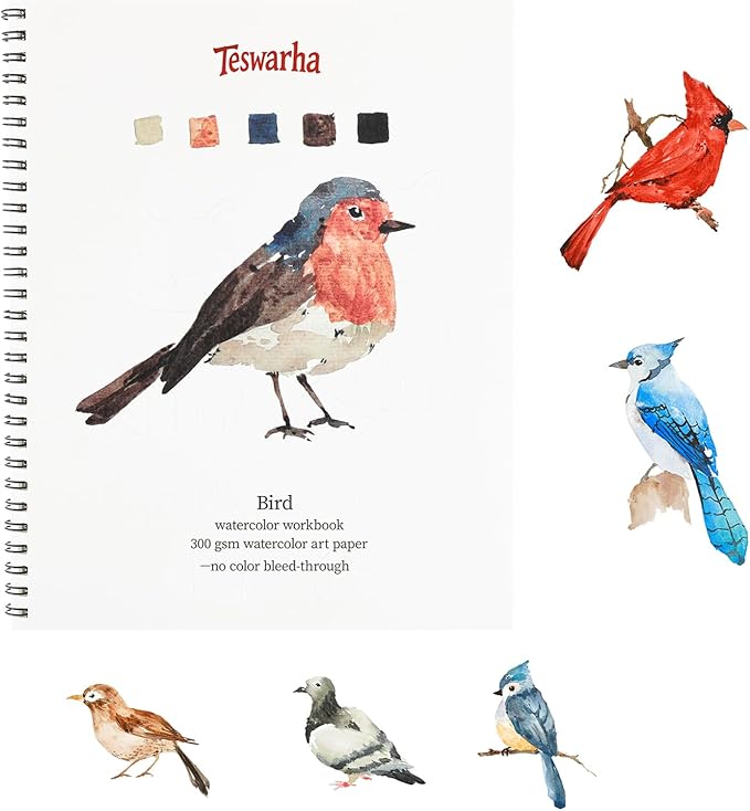 Teswarha Watercolor Workbook Using Thick Real Cotton Watercolor Paper for Adults Teens Spiral Bound 300GSM Art Paper 12 Sheets Birds 8.2 x 9.8in