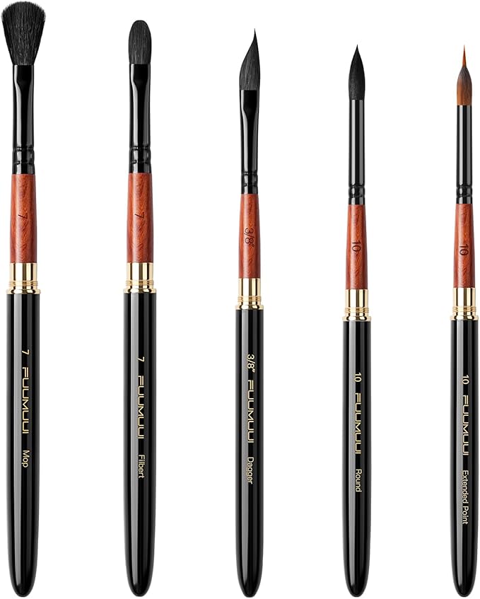 Fuumuui Travel Watercolor Brushes, 5Pcs Professional Plein Air Elegant Natural Squirrel Hair Travel Paint Brush Set with Sable Extended Needle Point Perfect for Watercolor Gouache Ink Painting
