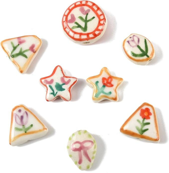 8Pcs Flower Porcelain Beads for DIY Jewelry Mixed Shapes Handmade Round Triangle Star Oval Floral Spacer Beads for Necklaces Bracelets Earrings Keychains Making and Crafting