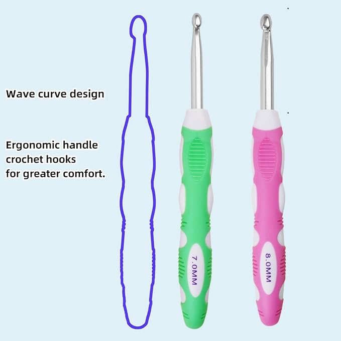 7mm 8mm Crochet Hook, Smooth Metal Head and Soft Rubber Grip Extra Long Ergonomic Crochet Hooks for Arthritic Hands, Beginners and Crochet Enthusiast